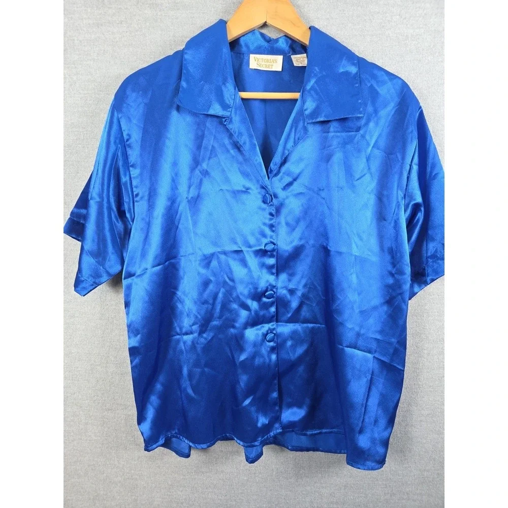 Victorias Secret Gold Label Satin Pajama Set M Vintage Lounge Royal Blue Retro